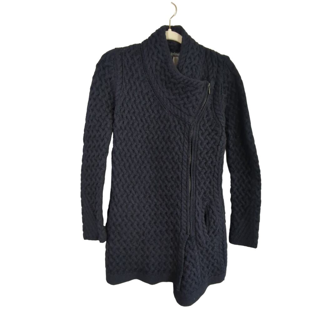 Irelands Eye Wool Sweater Womens XS Blue Side‎ Zip Pockets Cable Knit Heavy